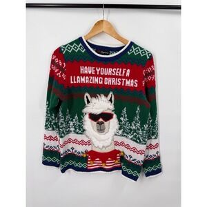33 Degrees Llamazing Christmas Sweater Mens Large Llama Pom Poms Ugly Tacky